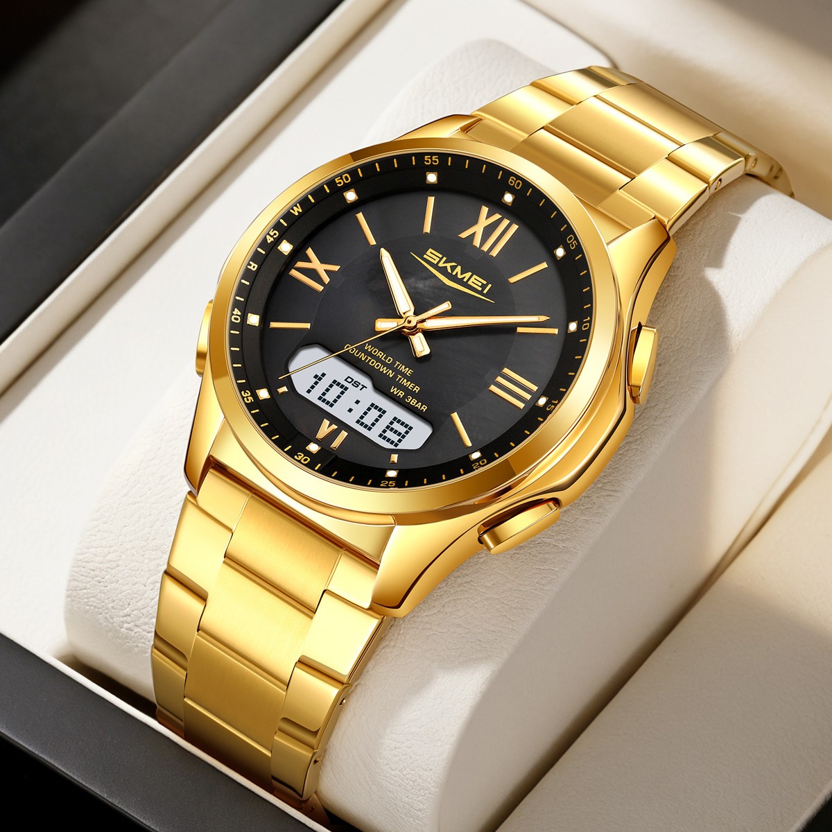 SKMEI Men Quartz Watch Roman Numeral Digital Wristwatch Male Steel LED Watches