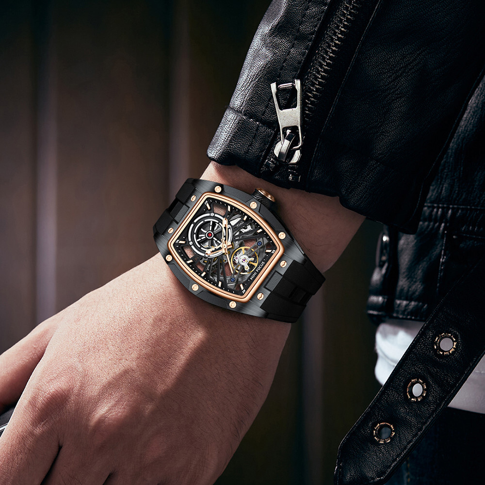 MINI FOCUS Men Mechanical Watch Automatic Hollow Out Male Rectangle Wristwatch