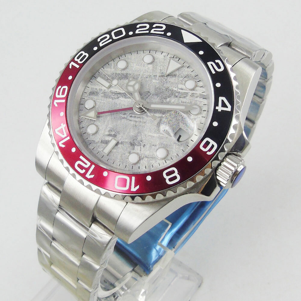 Luxury Grey Men Watch Automatic Sapphire Glass GMT Date 40mm Black Red Insert