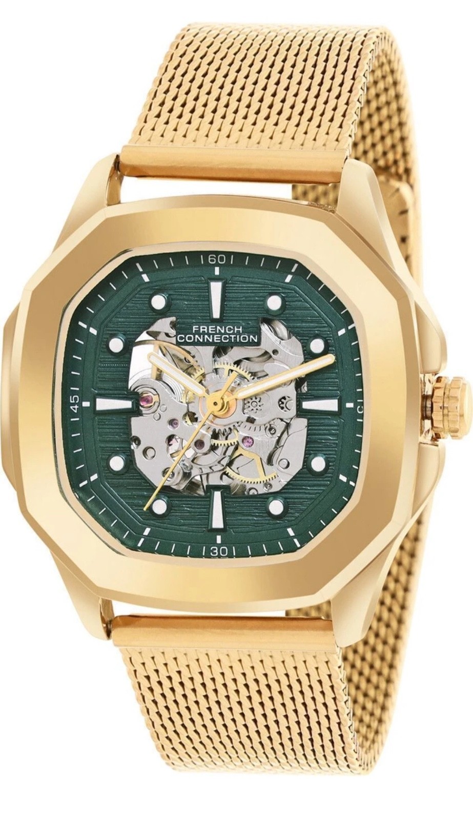 French Connection Automatic Men’s Skeleton Watch Mesh Strap Black & Gold