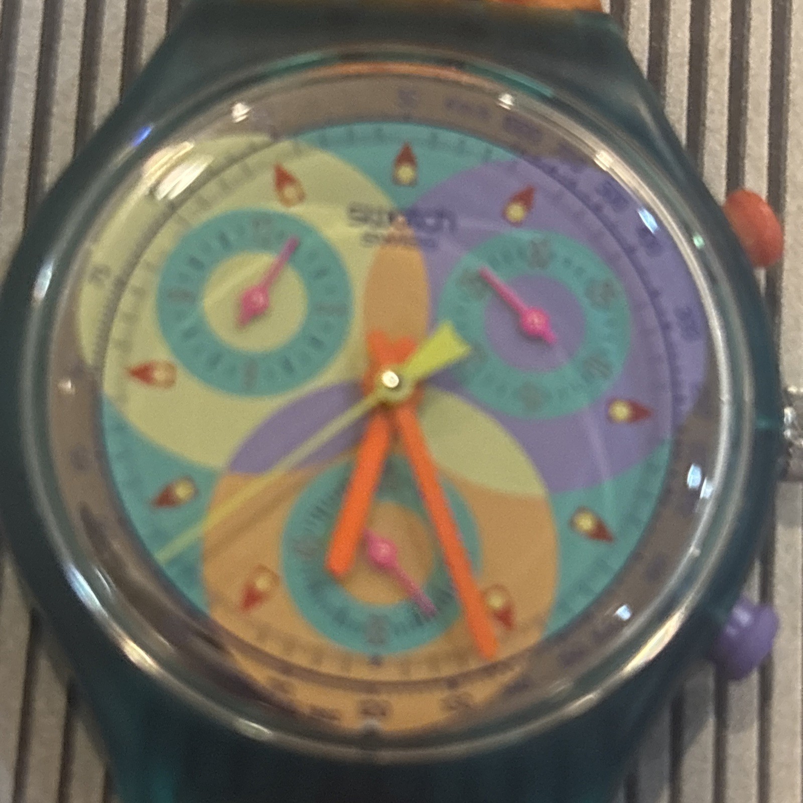 RARE 1992 Green & Yellow Rainbow Swiss Made Swatch Chronograph, NIOB New Battery