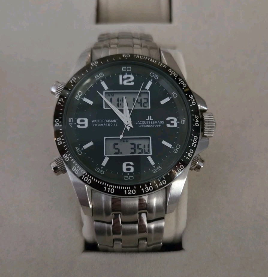 Mens Jacques Lemans 1241 Digital Analog Stainless Steel Watch 44mm New Battery