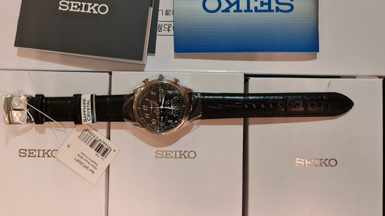 SEIKO SPC255P1 Chronograph Perpetual Quartz Watch BlackTachymeter Alarm Leather
