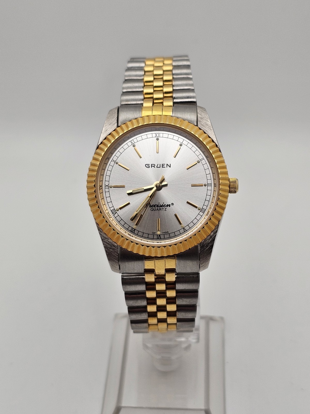 Vintage 1996 Gruen PRESIDENTIAL 3 Hand Men Quartz Watch Fluted Jubilee Twotone🔥