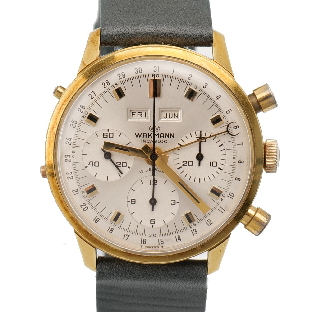 Vintage Men’s Wakmann Triple Date Chronograph Calendar Valjoux 730 Serviced