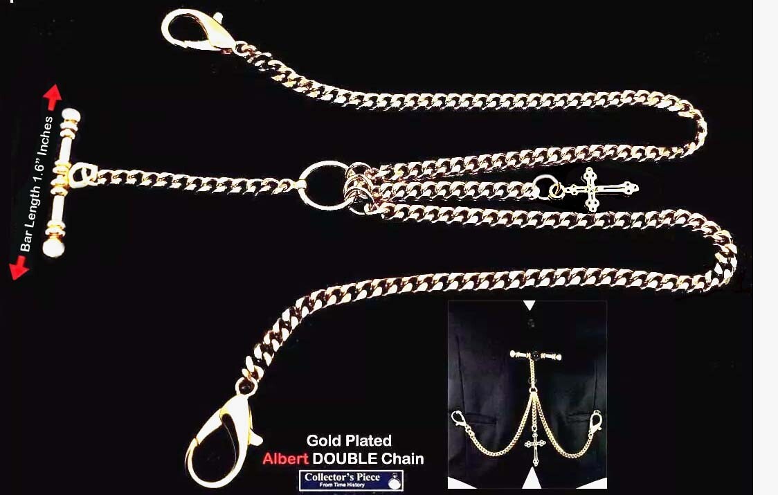Gold Plated Extra Strong Pocket Watch Albert Double Chain With Ornate Cross Fob