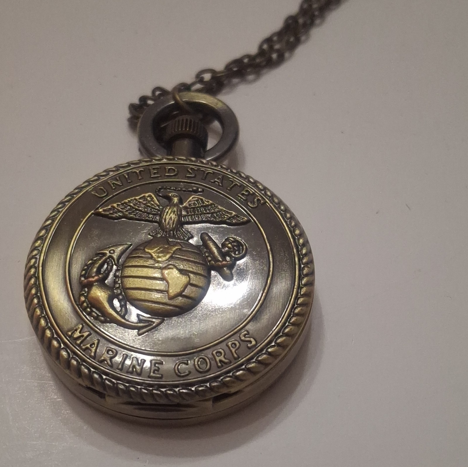 Strada Quartz Full Hunter Pocket Watch US Marine Corps Design w/ Chain & Box