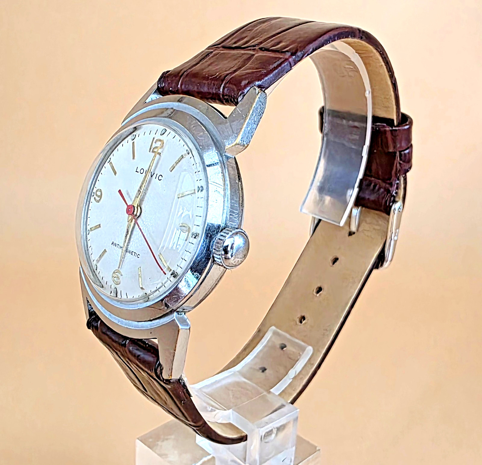 LOUVIC Rare Vintage 31mm 1950s Mechanical Swiss 7 Jewel S/S Red Second Hand Mens