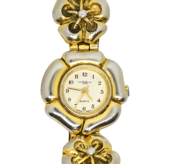 Vintage LA Express Womens Watch Gold Tone Flower Charm Link Bracelet Floral Dial