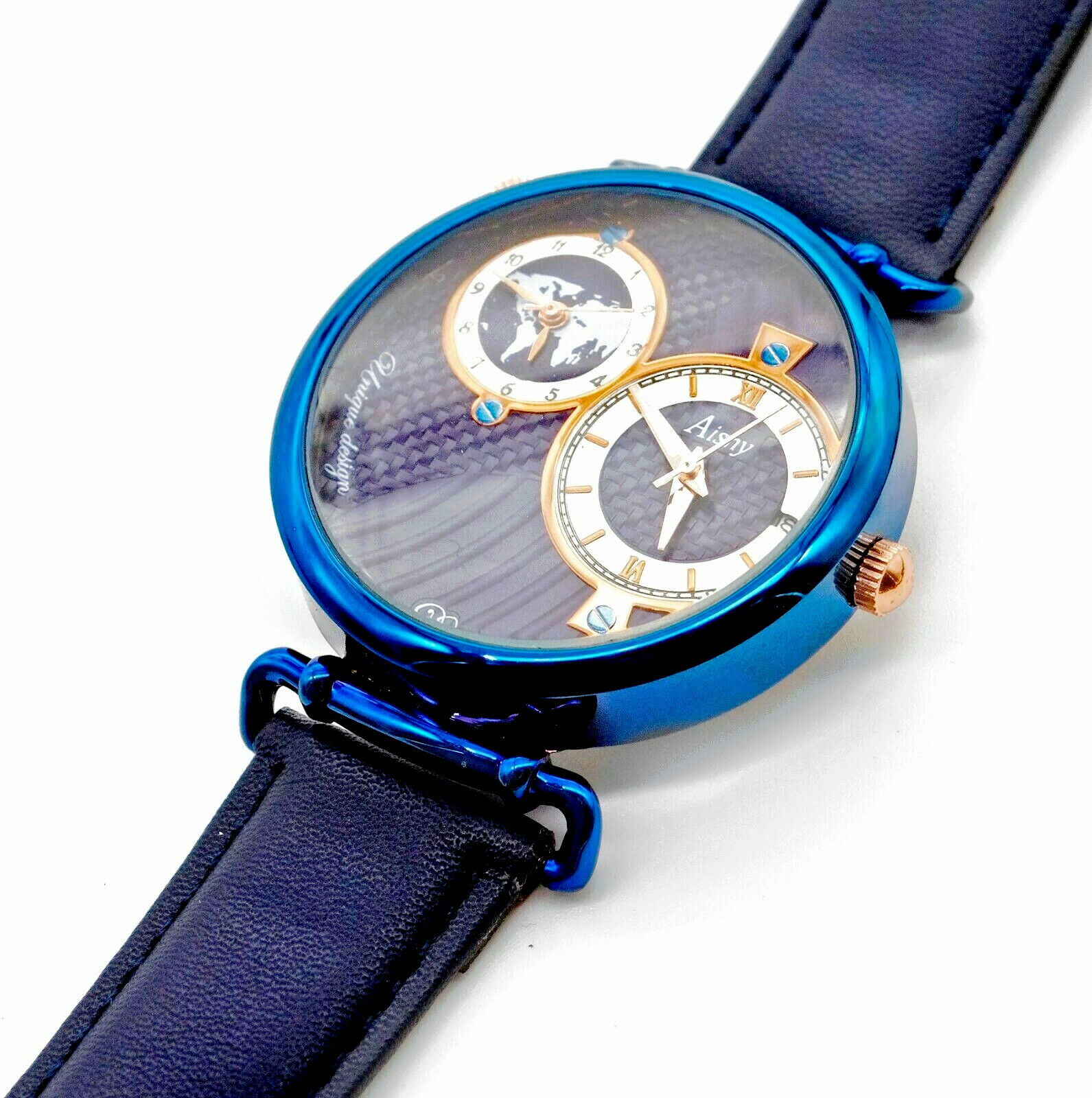 Men’s Watch: World Charterer Blue & Navy Leather. USA Shipping. New Sporty Look