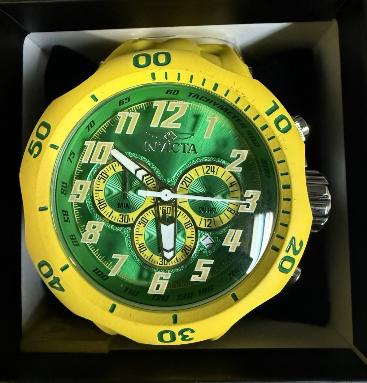 Invicta Venom Men’s Chronograph Watch Green Dial Yellow Silicone Band w/Box