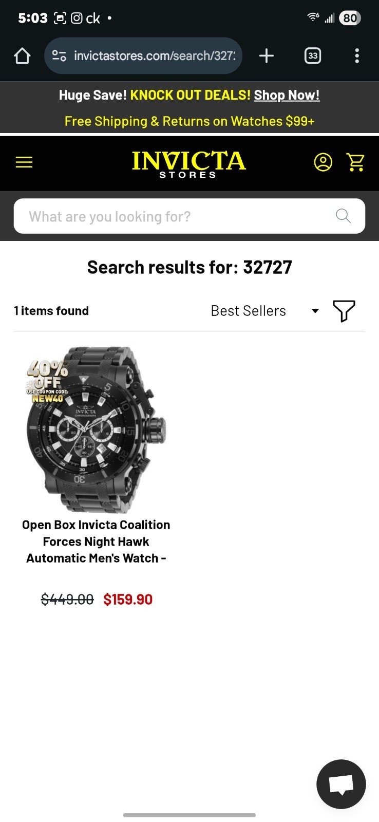 INVICTA Men’s Watch 32727 Coalition Forces Black Quartz Chronograph Steel 52mm