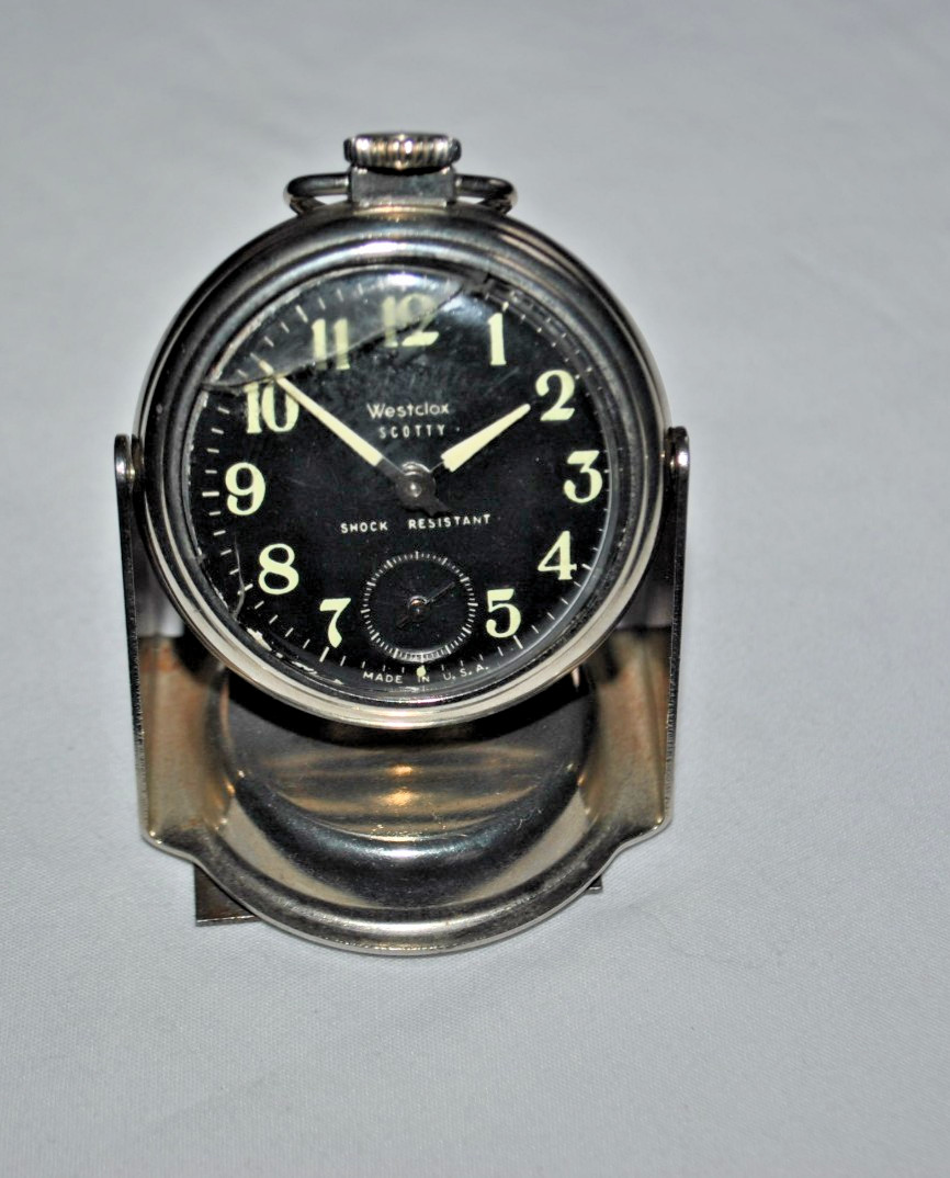Westclox Scotty Pocket Watch Black Luminous Dial USA Magentic Stand & Chain read