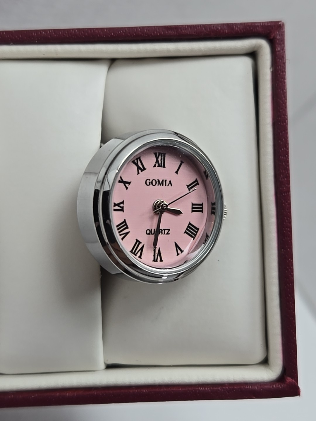 Gomia Pink Dial Ring Watch Roman Numerals Silver Stretch Band New Battery Ladies