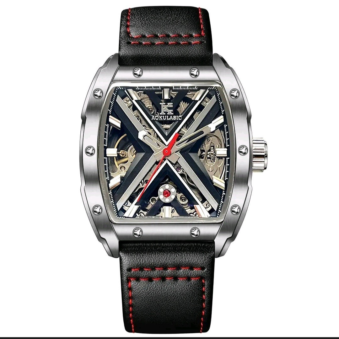 AOKULASIC Men’s Automatic Mechanical Watch – Luxury Tonneau Skeleton X Dial