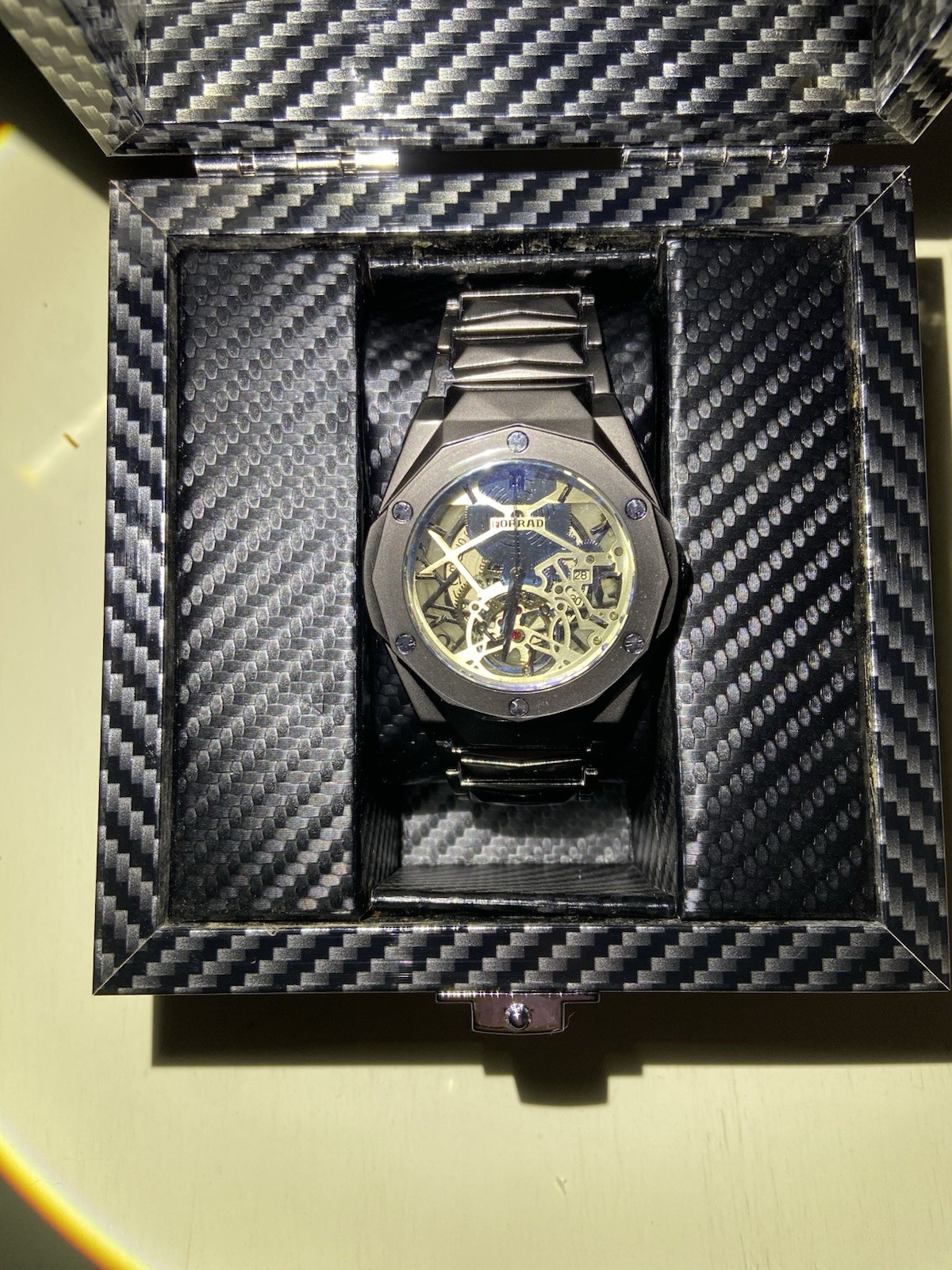 FORRAD Men’s Skeleton Dial Automatic Watch Gray Metal Bracelet w/Box