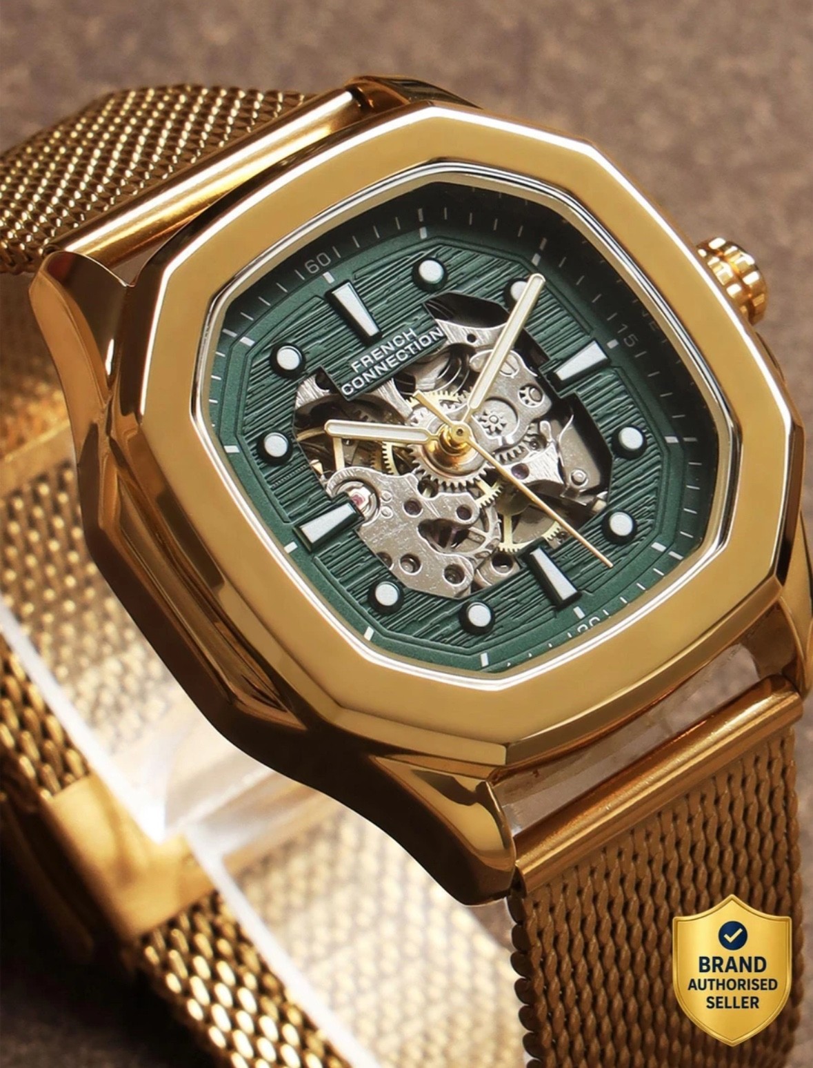 French Connection Automatic Men’s Skeleton Watch Mesh Strap Black & Gold