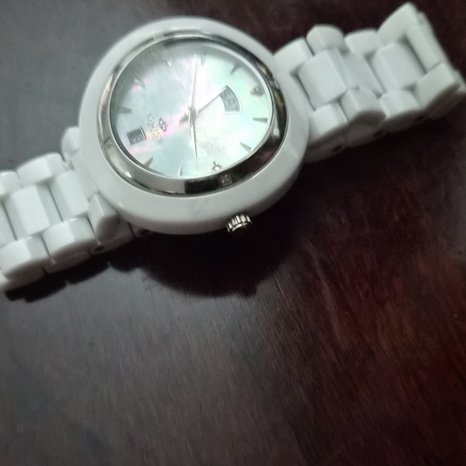 Oniss Quartz Mother-of-Pearl Dial Day/Date White Ceramic Bracelet Watch