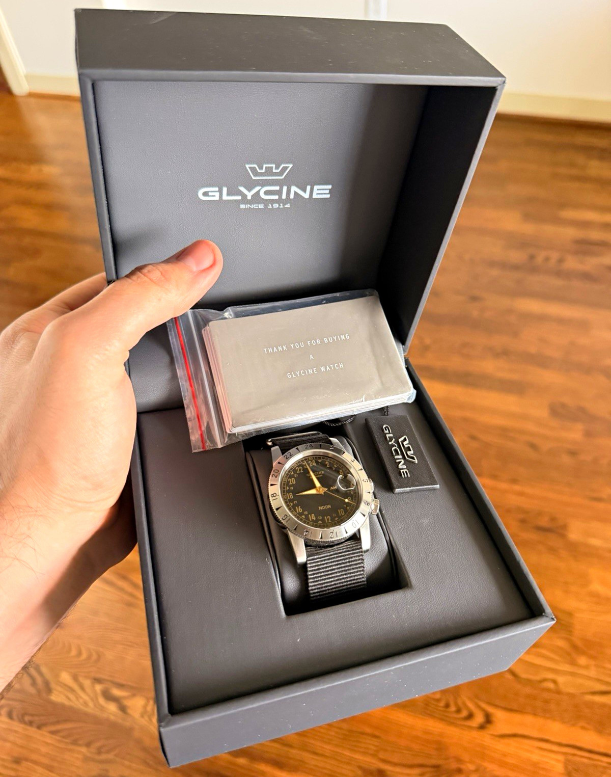 Glycine Airman Automatic 42mm Black 24-Hour Dial Date Nylon Strap Box Papers