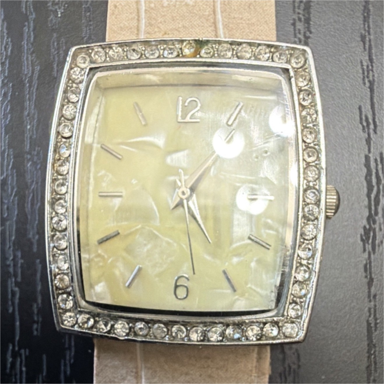 Square Analog Wristwatch Gem-Set Silver Case Beige Dial Leather Strap