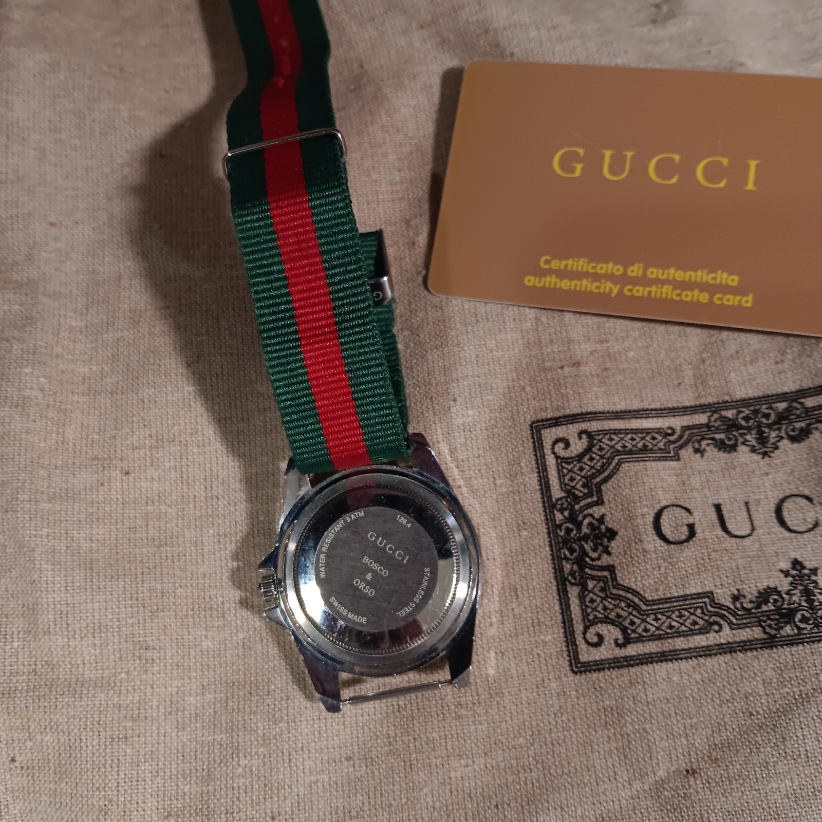 Gucci Bosco & Orso Men’s Diver Watch Black Dial Green Red Nylon Strap