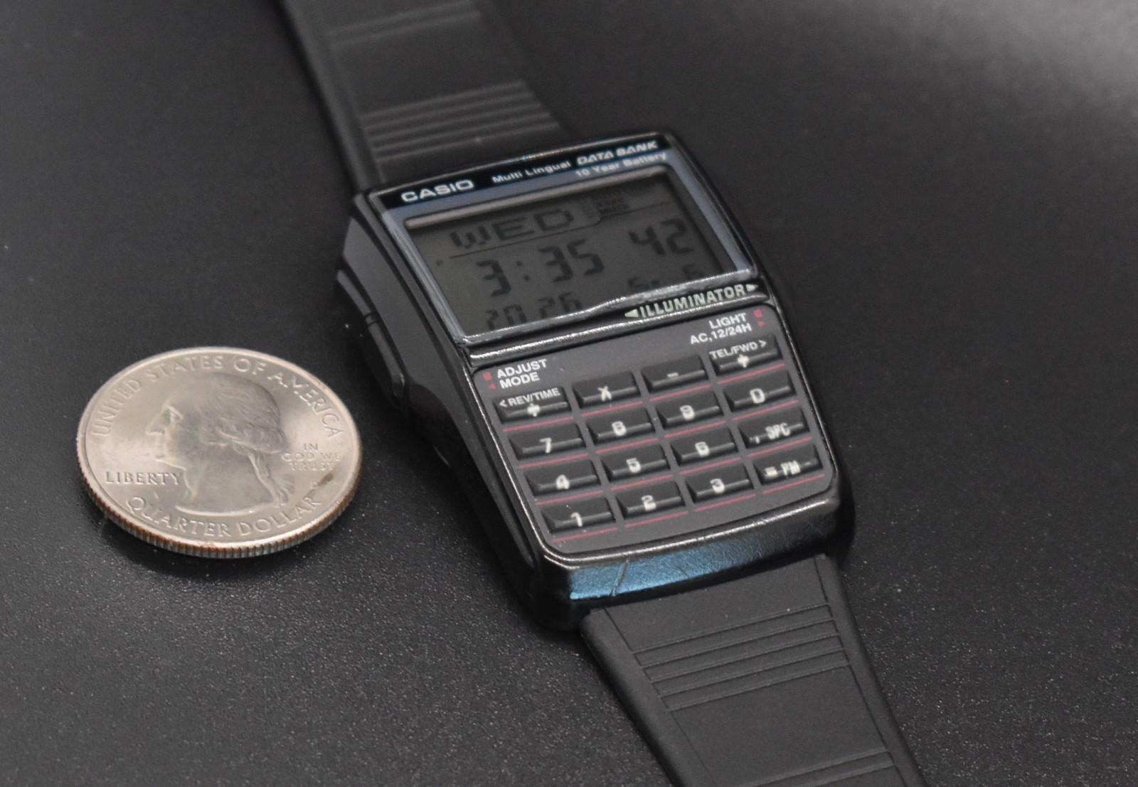 Retro Casio DBC-32 Databank Calculator Watch Black Digital Alarm Telememo Y2K