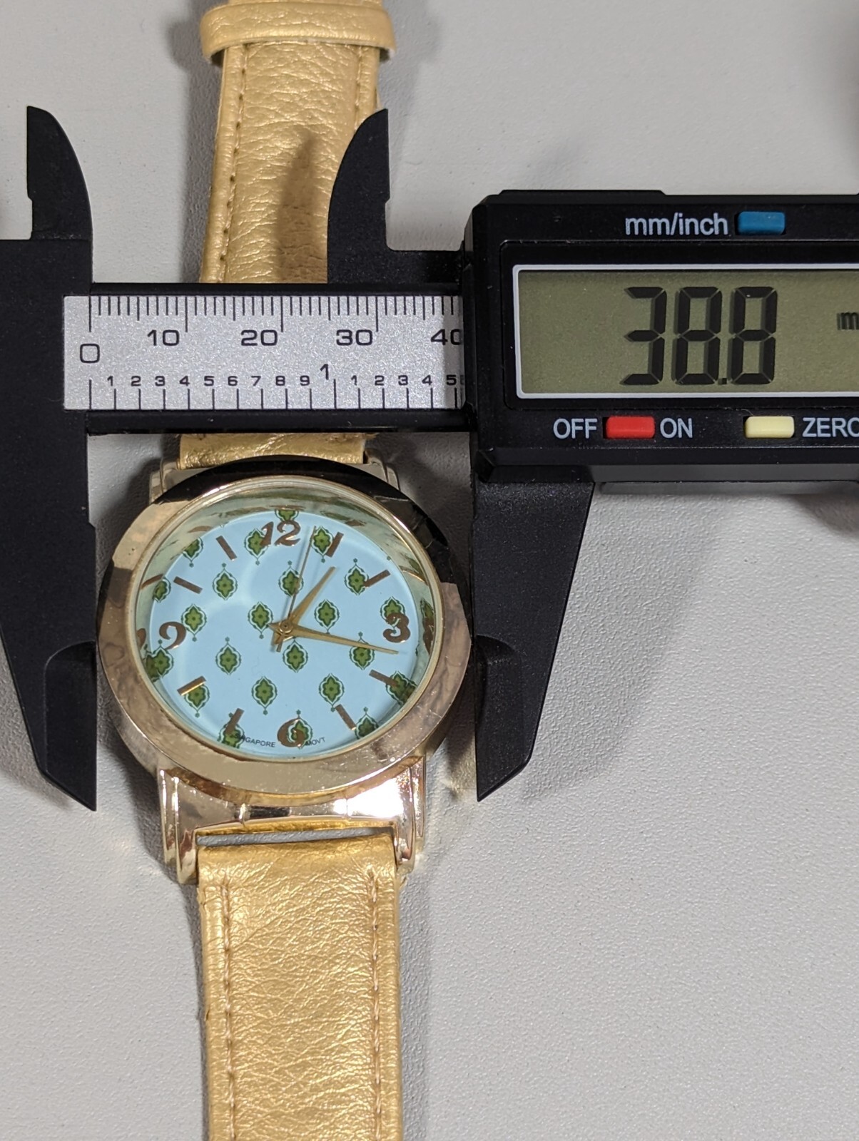 Blue Green Dial Round Gold Tone Case Yellow Leather Band Watch