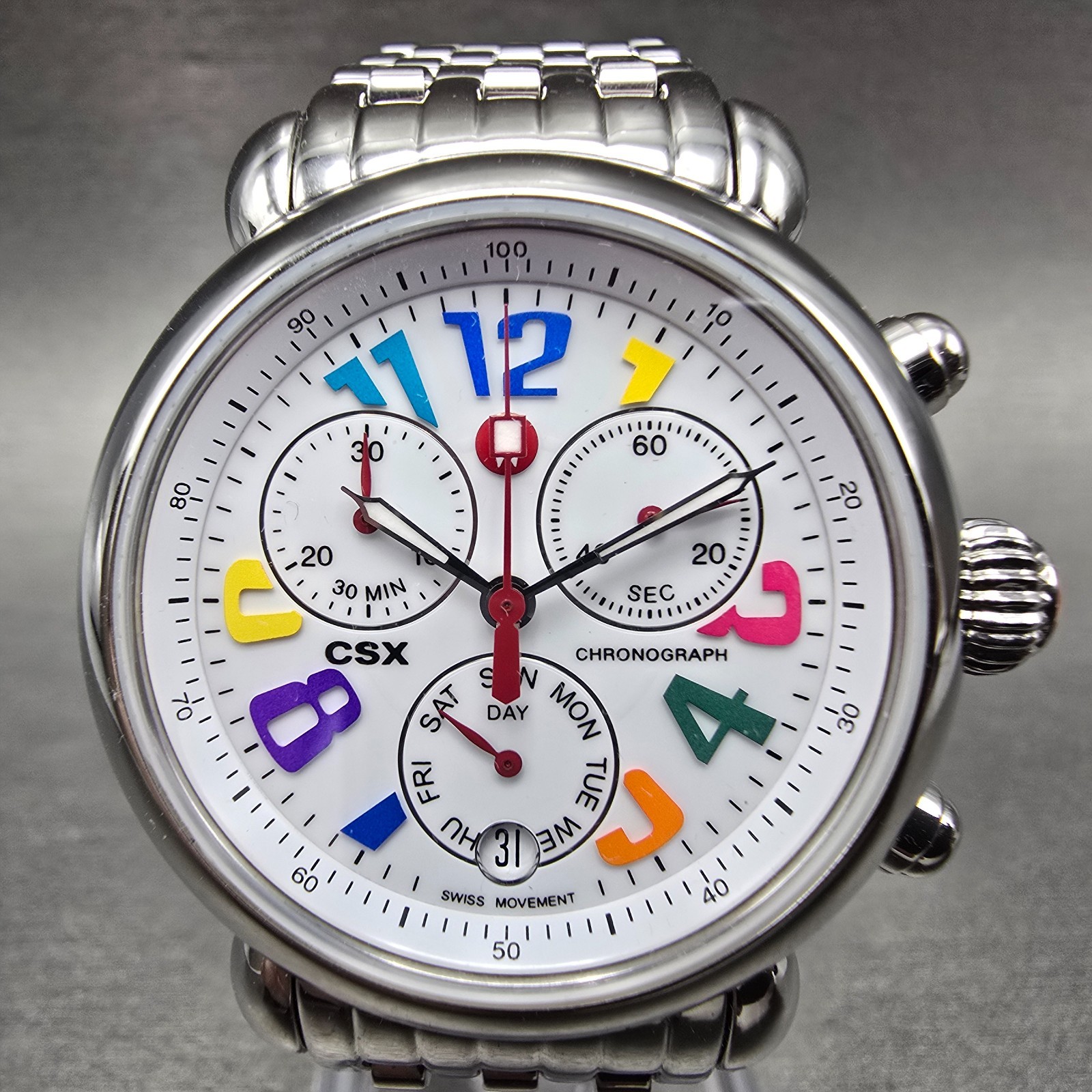 Michele CSX Carousel Chronograph Watch Women 36mm White Dial Steel Dayate NewBat