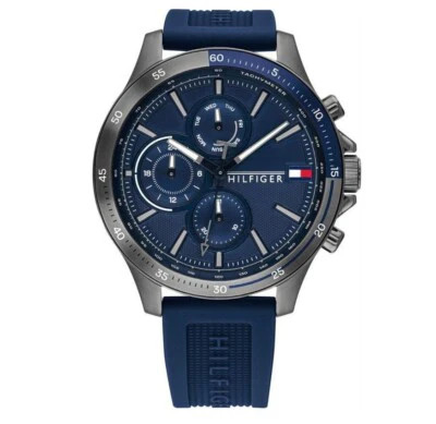 Tommy Hilfiger 1791721 Men’s Gray Case Blue Silicone Band Blue Dial Watch 46mm