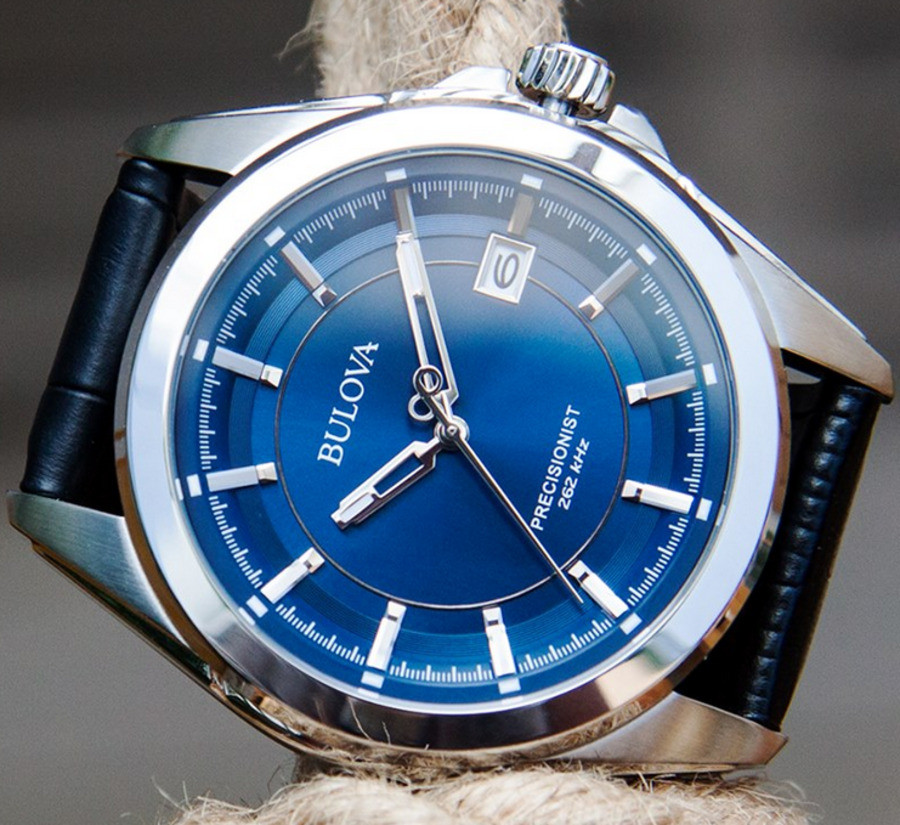 Bulova Precisionist Blue Dial Silver Tone Black Leather Band Men’s Watch 96B257