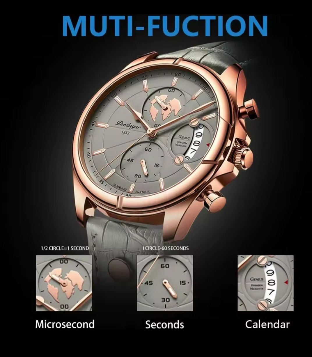 POEDAGAR Men Quartz Watch Fashion Chronograph Leather Band Waterproof Wristwatch