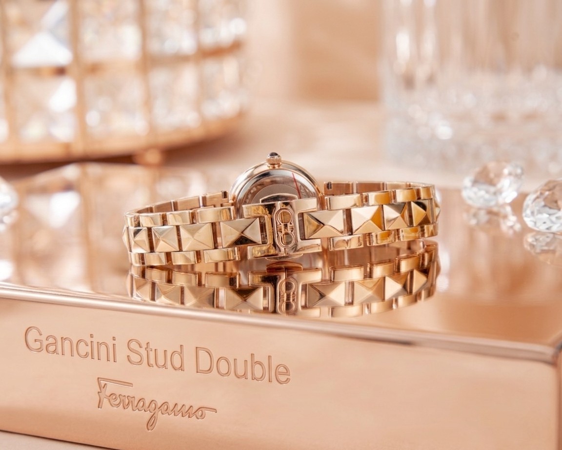 Brand New Ferragamo Double Gancini Stud IPRG Women’s Bracelet Watch- SFMI00322