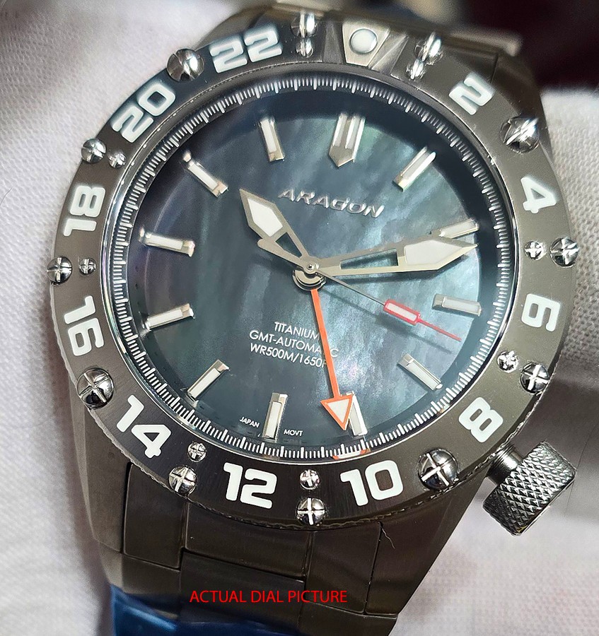 NEW! Aragon Enforcer True GMT Titanium Black MOP Dial 44mm Watch A702BLK