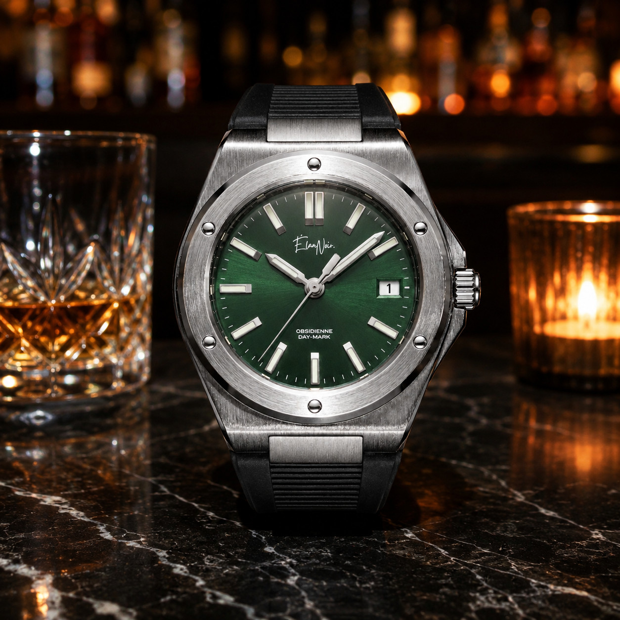 Custom Élan Noir Day-Mark Auto NH35 Watch Emerald/White Dial Sapphire Steel 41mm