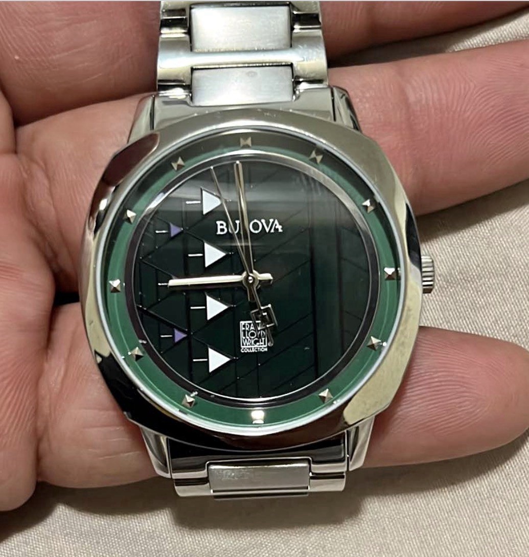 Bulova Frank Lloyd Wright Men’s Quartz Watch Green Dial Stainless Bracelet