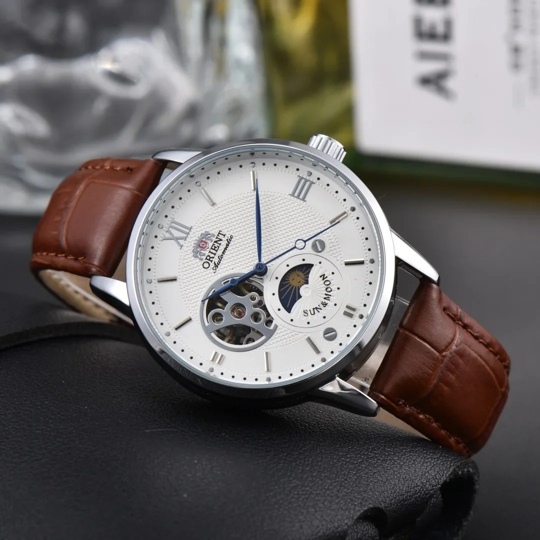 Sun & Moon Semi Skeleton Automatic Watch Men’s Leather Strap Luxury Gift