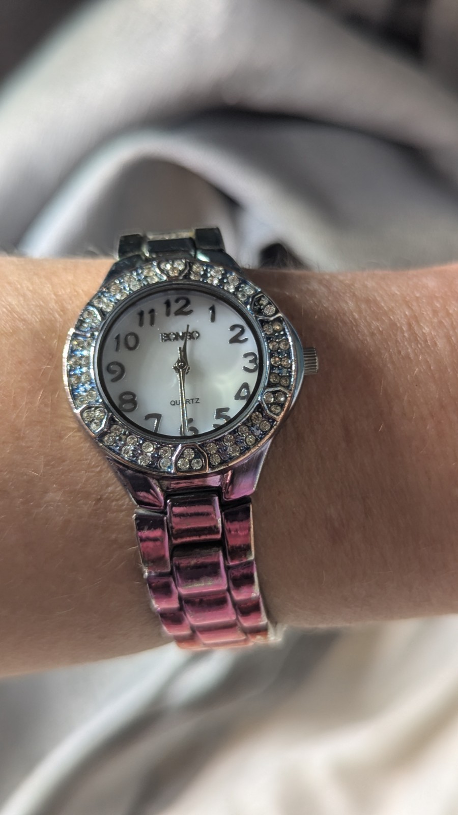 Woman’s Watch Bongo BG3802 rainbow metal band. New battery works great!