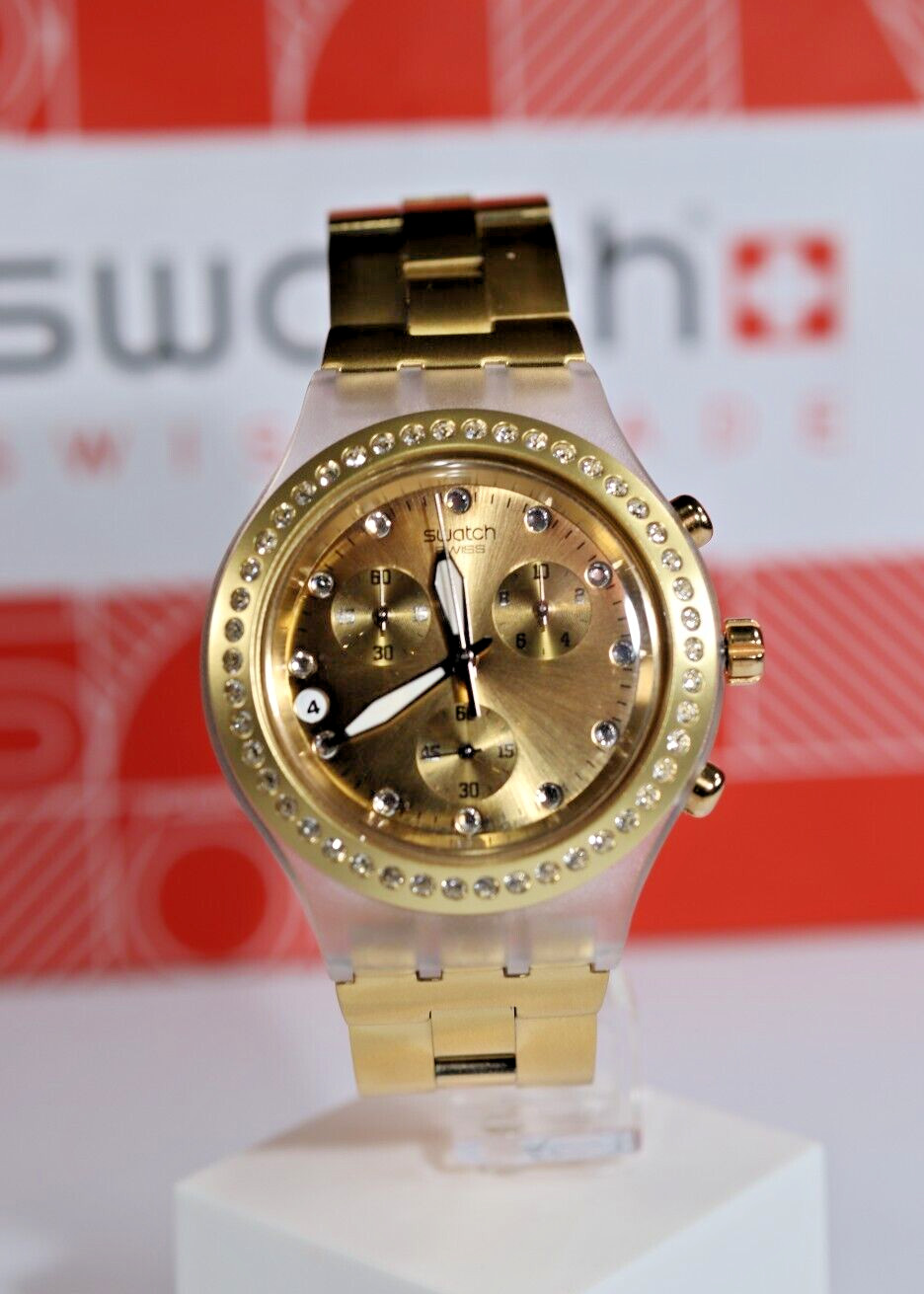NEW LIMITED SWATCH IRONY FULL BLOODED GOLD CHRONO ALUMINUM 43MM WATCH SVCK4084