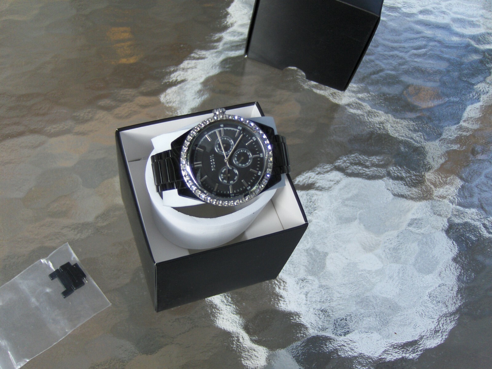 FOSSIL BQ1192 CARISSA BLACK PLASTIC RESIN BRACELET SWAROVSKI CRYSTAL BAGUETTES