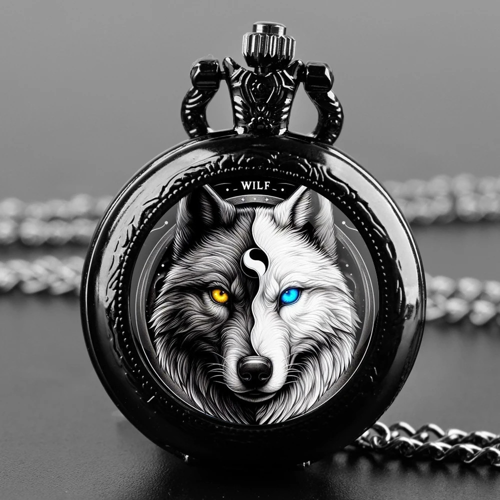 Black Wolf Pocket Watch – Full Hunter Case Quartz Watch with Chain
