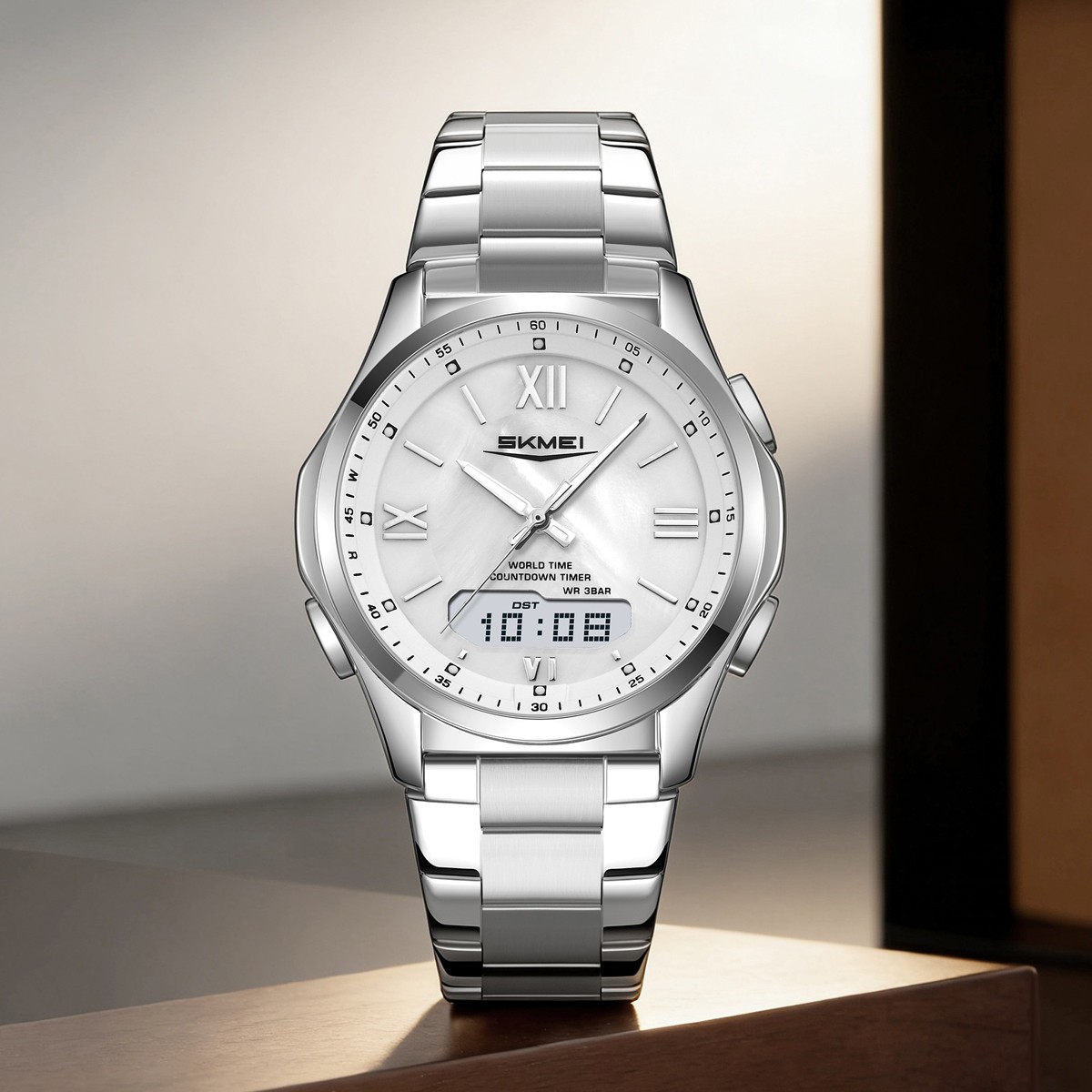 SKMEI Men Quartz Watch Roman Numeral Digital Wristwatch Male Steel LED Watches