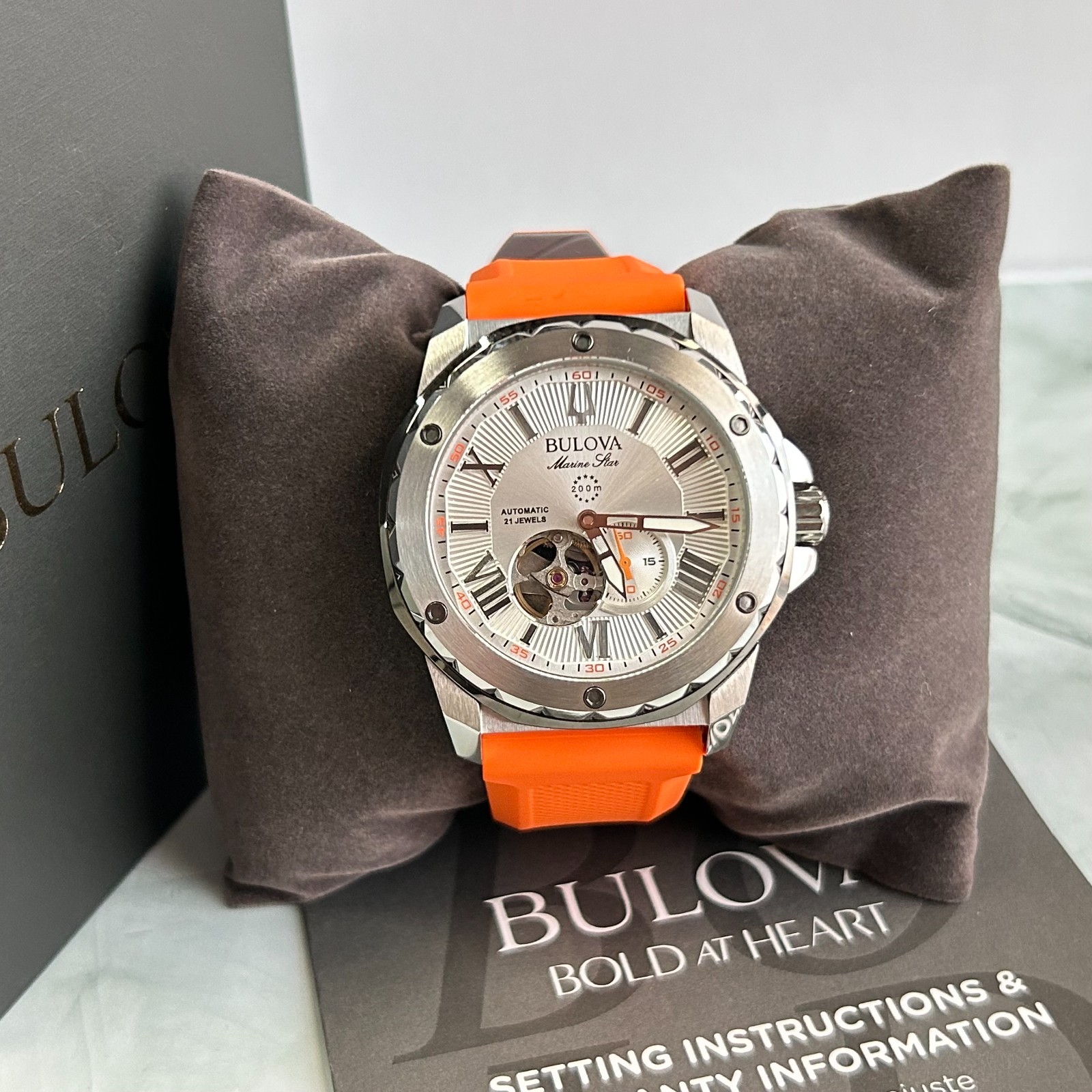 Bulova Marine Star 98A226 White Dial Orange Rubber Strap Men Automatic Watch45MM