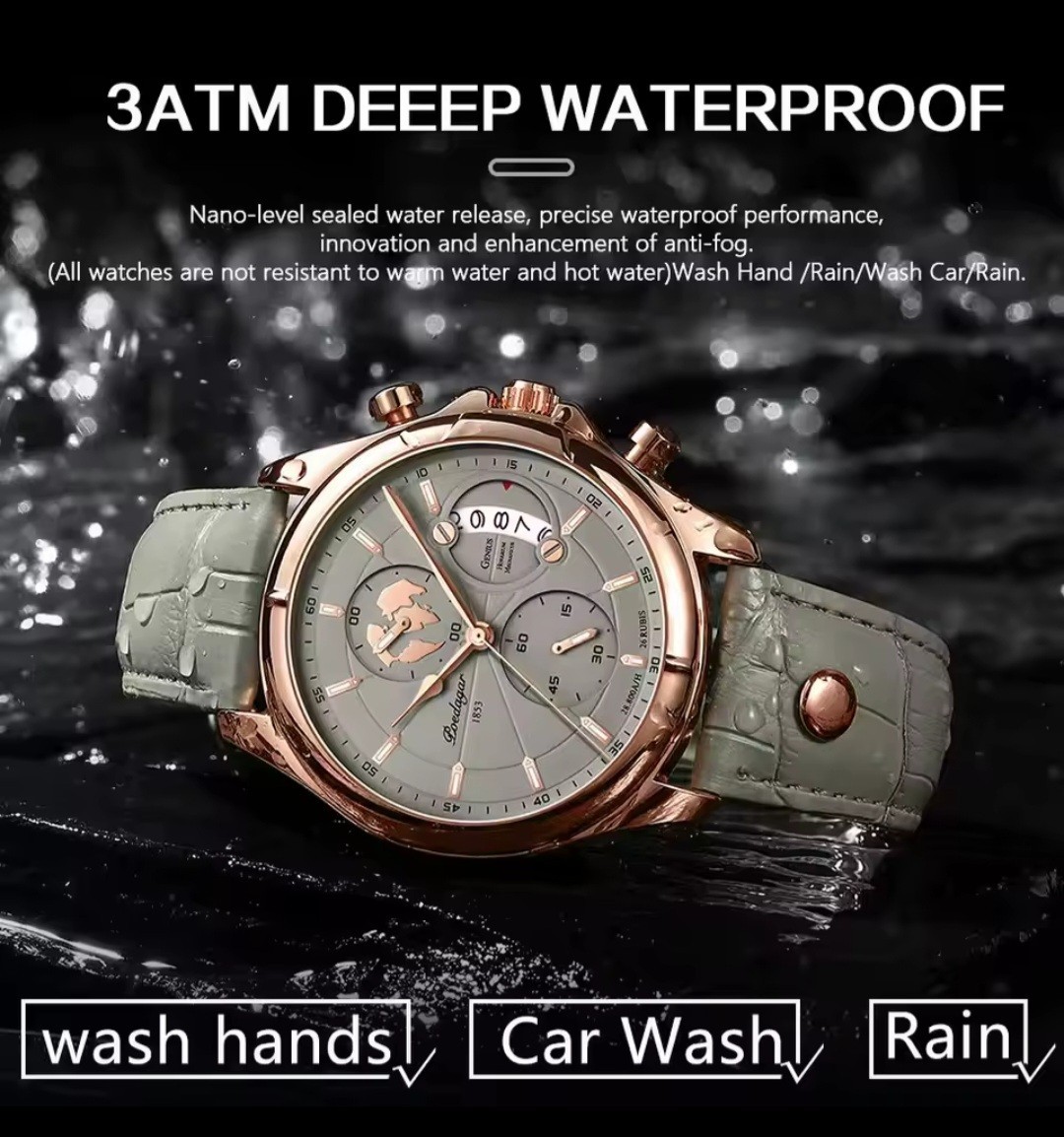 POEDAGAR Men Quartz Watch Fashion Chronograph Leather Band Waterproof Wristwatch