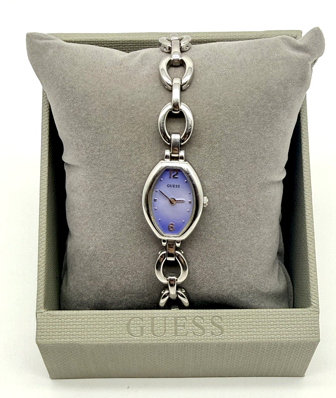 GUESS Ladies Watch Blue Dial New Battery Tonneau Shape Silver Tone Link Bracelet