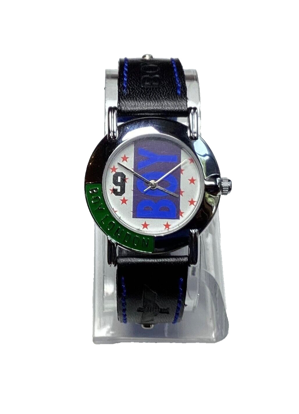 Boy London Vintage Watch Blue Black Green White Silver Leather New Battery Mint