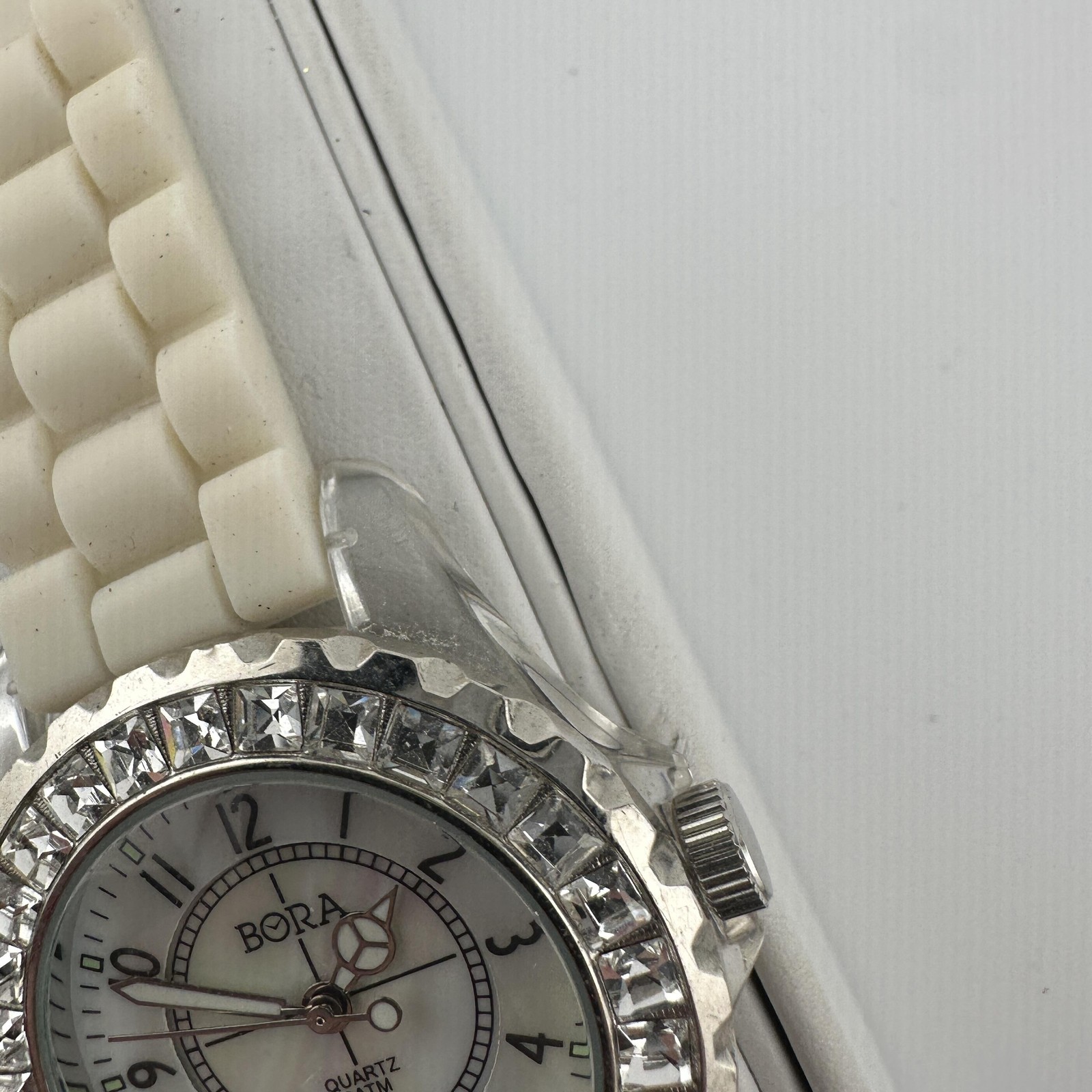 BORA Womens Watch 38mm White MOP Dial Crystal Bezel Silicone Band Quartz