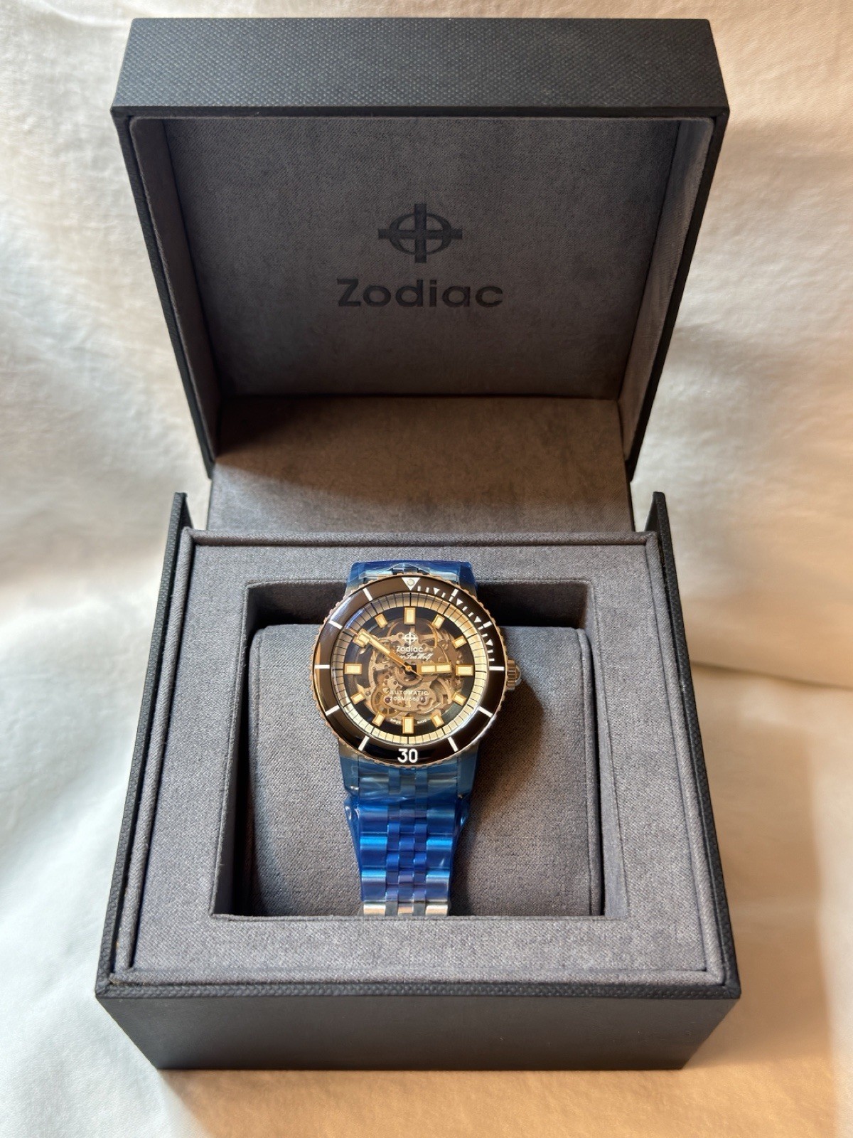 Zodiac Super Sea Wolf Auto Skeleton Dial Black Bezel Steel Bracelet Watch ZO9319