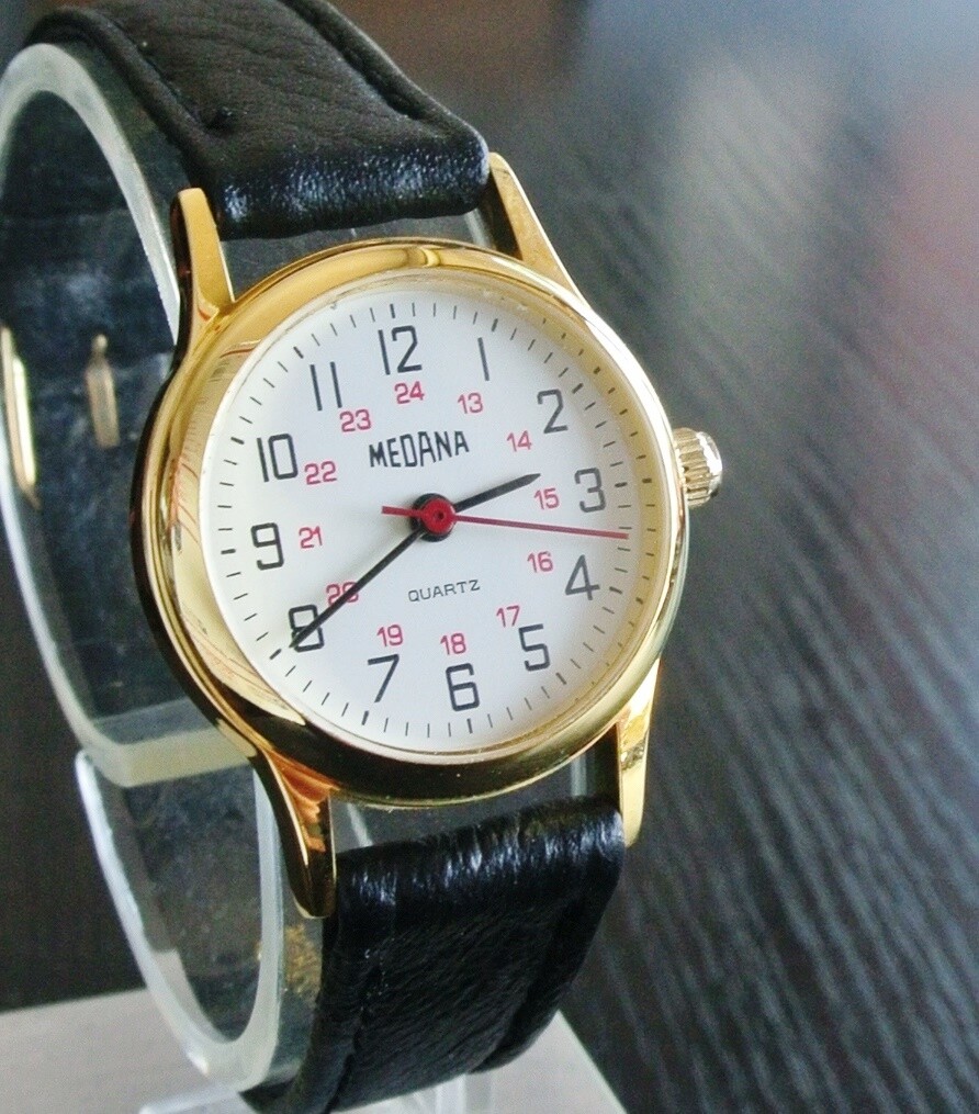 VINTAGE MEDANA 24 HR MILITARY DIAL SWISS QUARTZ WOMEN’S GOLD LEATHER WATCH *NEW*