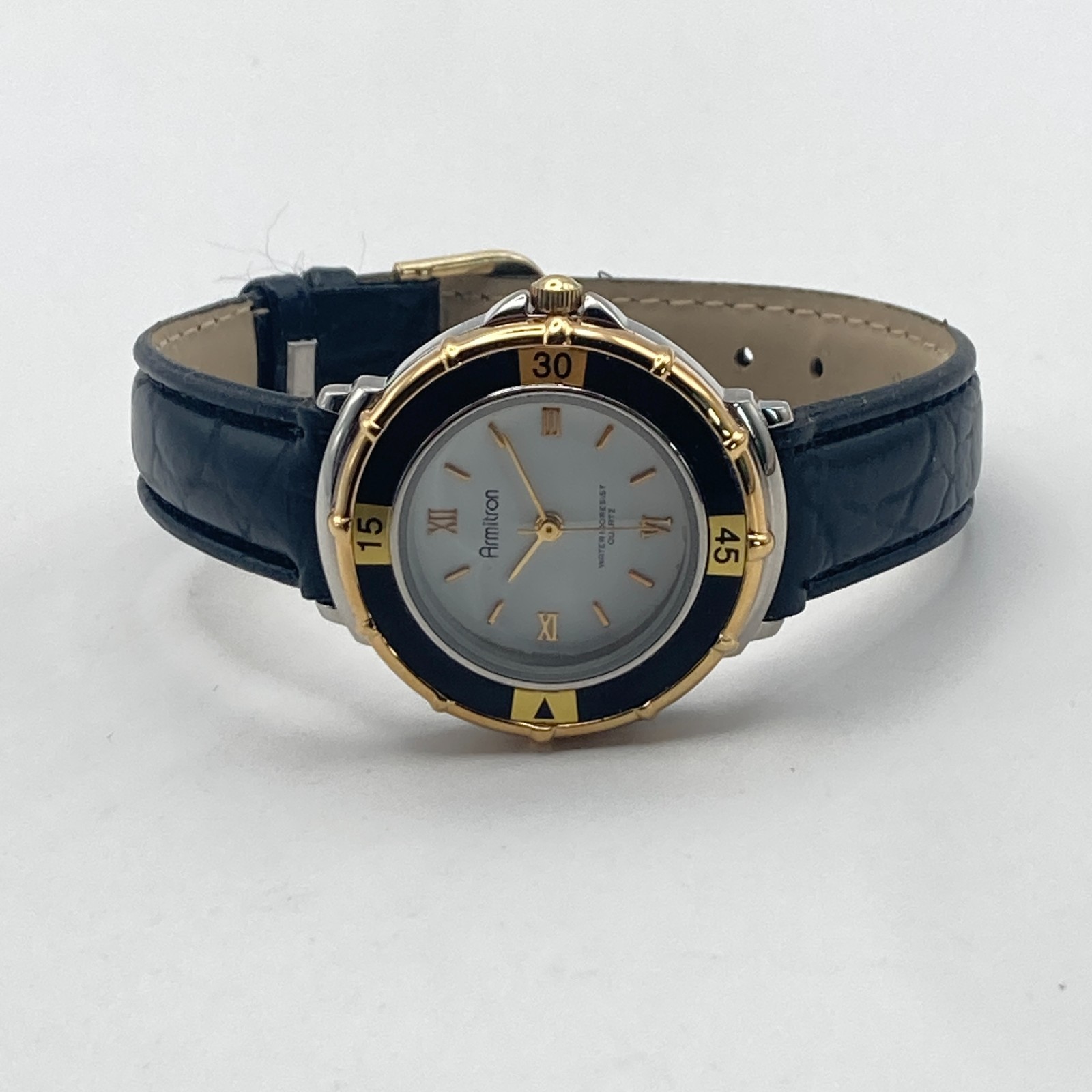 Vtg Armitron Womens Watch Gold Silver Tone Rotating Bezel New Battery SMALL 7.5″
