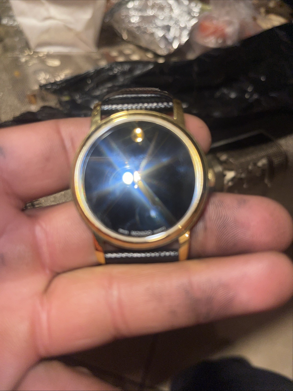 Movado Men Yellow Gold Watch Concave Dot Museum Dial – Black Strap (0607591)